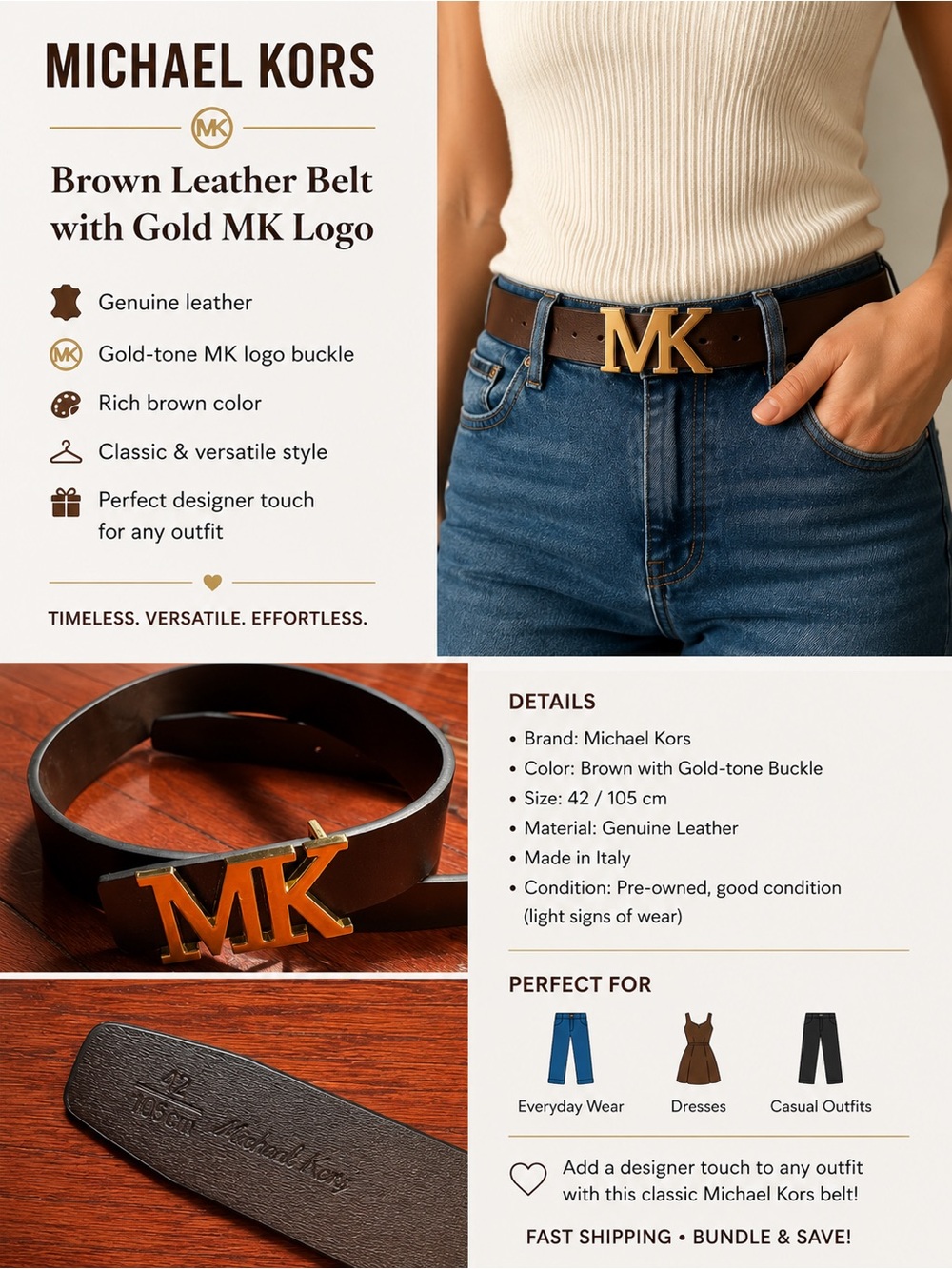 Michael Kors Brown Leather Belt with Gold MK Logo Buckle • Size: 42 / 105 cm